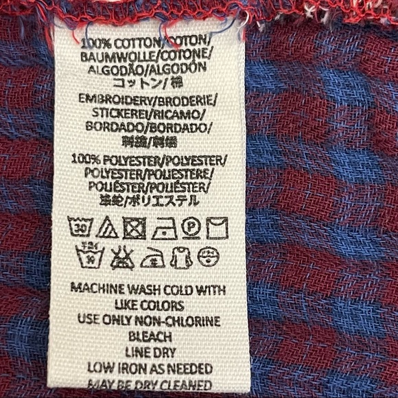 Free People Magical Plaid Shirt Red and Blue Embroidered Button Down Blouse S - Picture 7 of 14